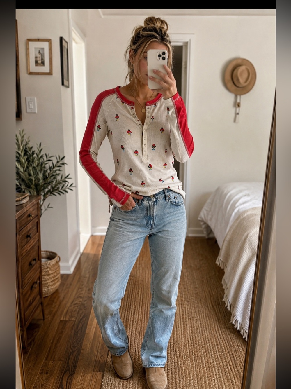 Free people Cream & Red Floral‎ Henley Thermal Top